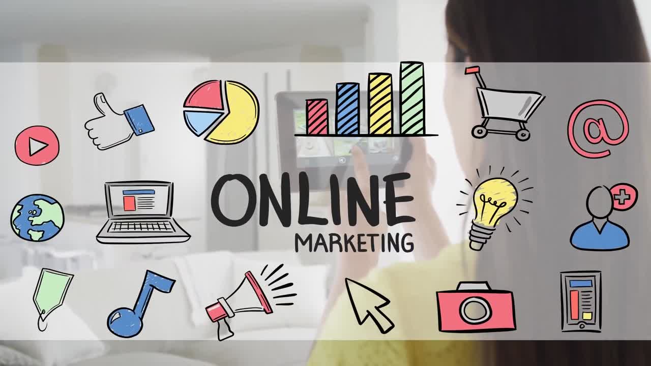 Animation of online marketing text with icons over caucasian woman using tablet