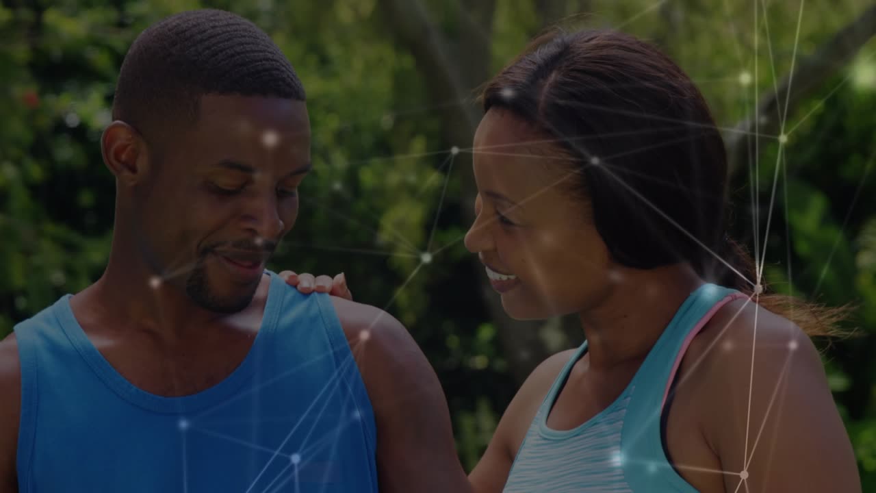 Animation of network of connections over talking african american couple