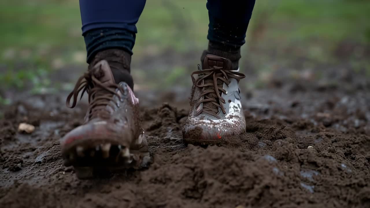 Shifting weight pair of studded cleats pulling mud clumps while traversing wet field, showing socks