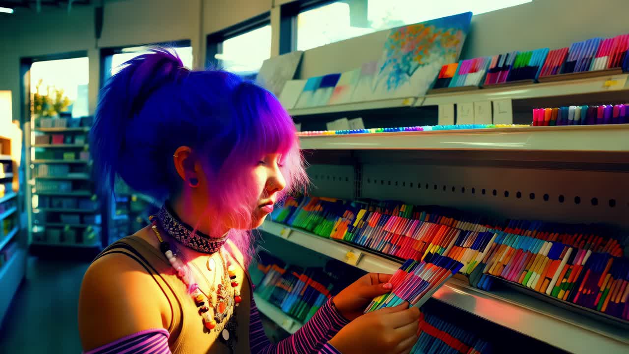 joven comprando suministros de arte en una tienda colorida