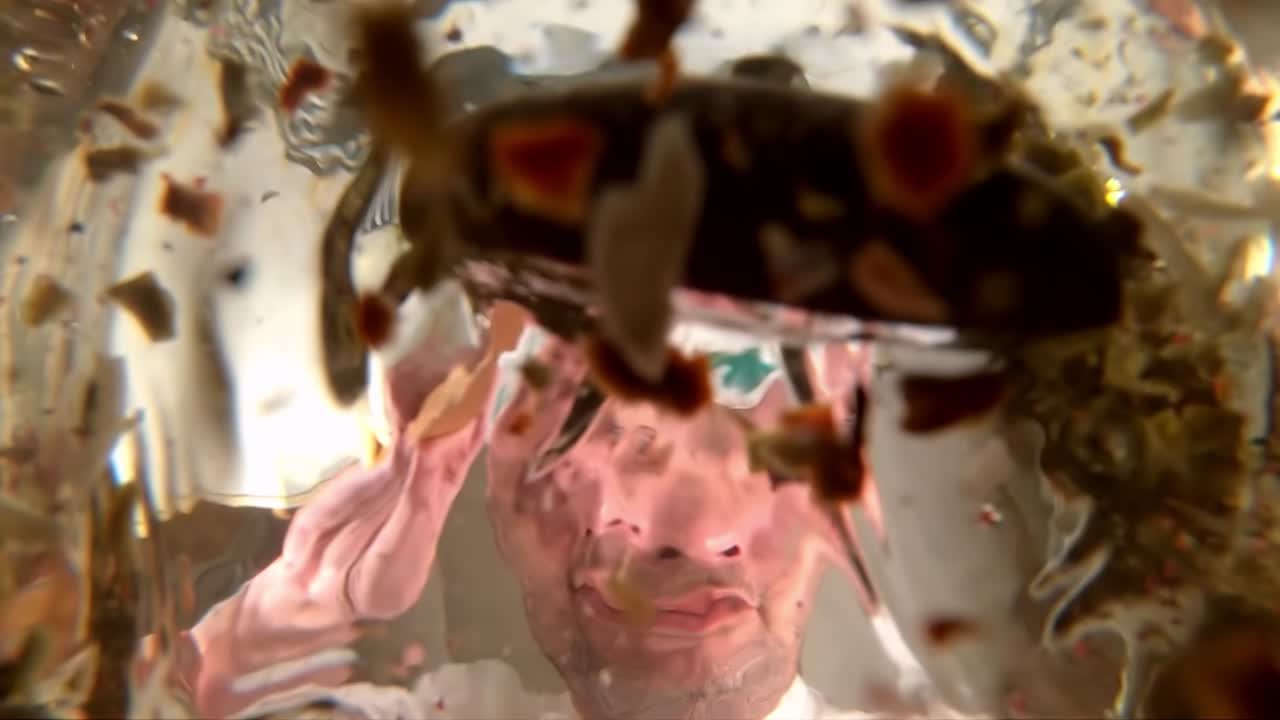 셰프는 채소 수프를 준비합니다. 셰프는 수프에 향신료를 첨가합니다. 팬에서 느린 영상으로 볼 수 있습니다.