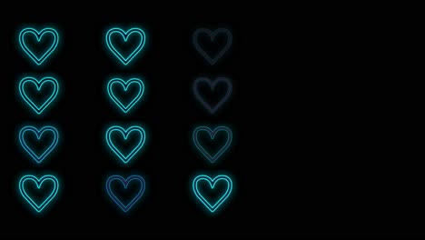 Pulsing-neon-romantic-hearts-in-rows-on-black-gradient