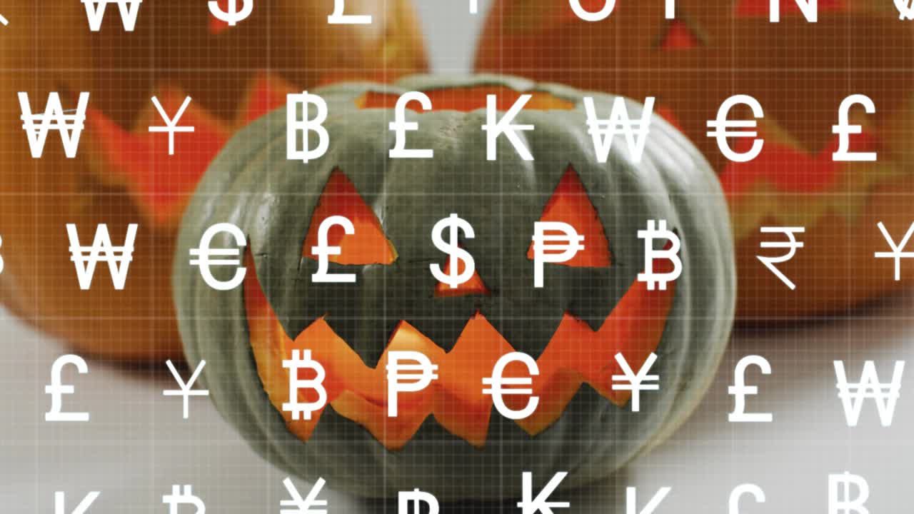 All'avvio, simboli di valuta fluttuano e scorrono sopra una zucca intagliata grigio-verde, visualizzando la finanza.