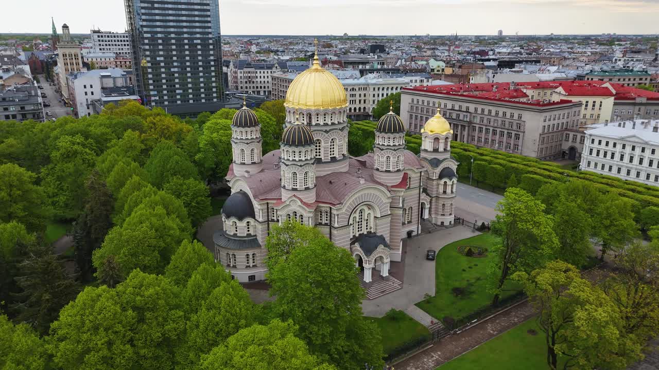 Orthodox Church Of Riga Nativity of Christ Cathedral In Esplanade Park, Riga, Latvia. Aerial Drone Shot