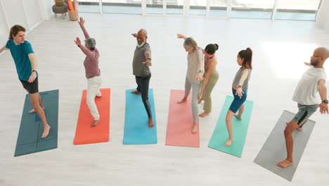 yoga, top view or people stretching in class