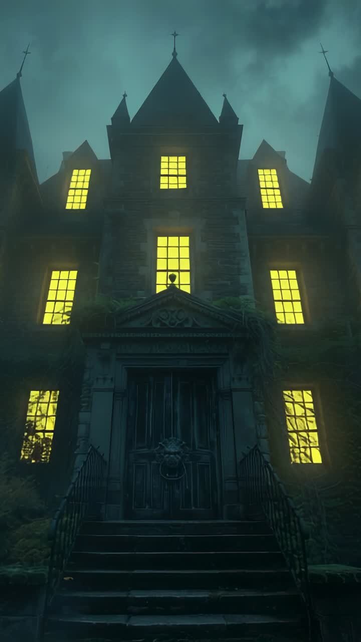 Vertical video: Glowing gothic manor window lighting panes at night showing emerging silhouette