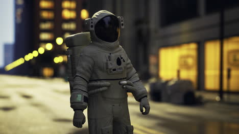 astronaut exploring a deserted urban street at twilight
