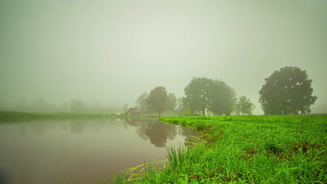 Timelapse-of-vibrant-climate-over-a-forested-area-near-a-pond