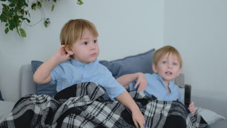 two boys, 4 and 2 years old, are watching tv sitting on the couch. an exciting tv show. view cartoons. children watch an exciting tv show.