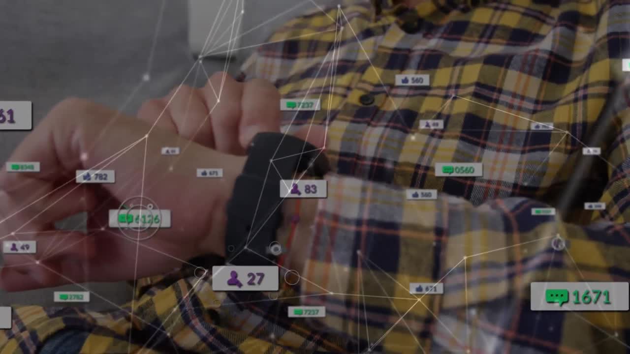 animación de la red de conexiones con iconos sobre el hombre usando reloj inteligente