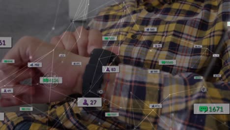 Animation-of-network-of-connections-with-icons-over-man-using-smartwatch