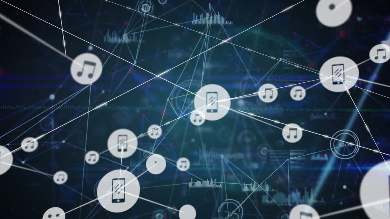 animación de una red de iconos digitales sobre puntos de luz contra un fondo azul