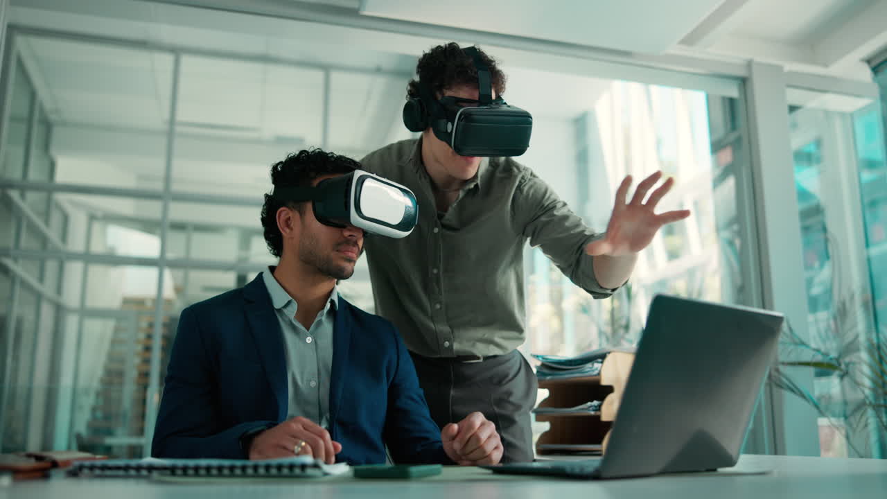 Two Men Using VR Headsets for Virtual Reality Experience in Office