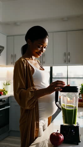 pregnant woman making a smoothie in the kitchen