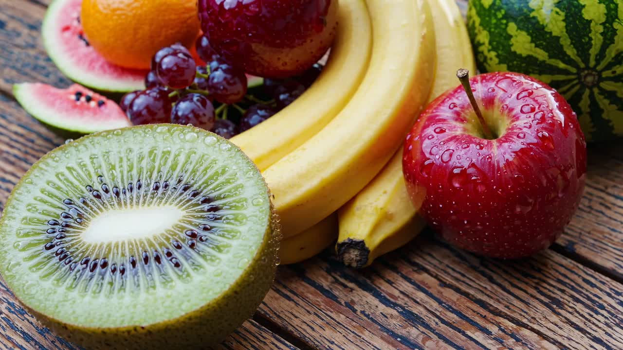 Close-up video shot of assorted fruits on a wooden table, showcasing vibrant colors and textures