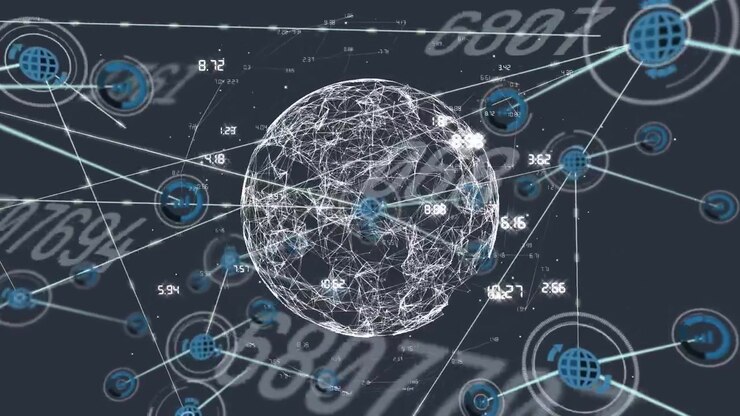 Animation of globe with network of connections with icons over black background