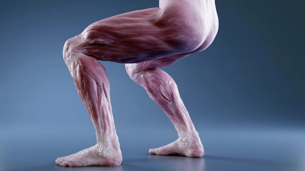 Detailní vizuální znázornění anatomie lidské nohy, předvádějící svalovou strukturu a povrchové textury v uměleckém ztvárnění.