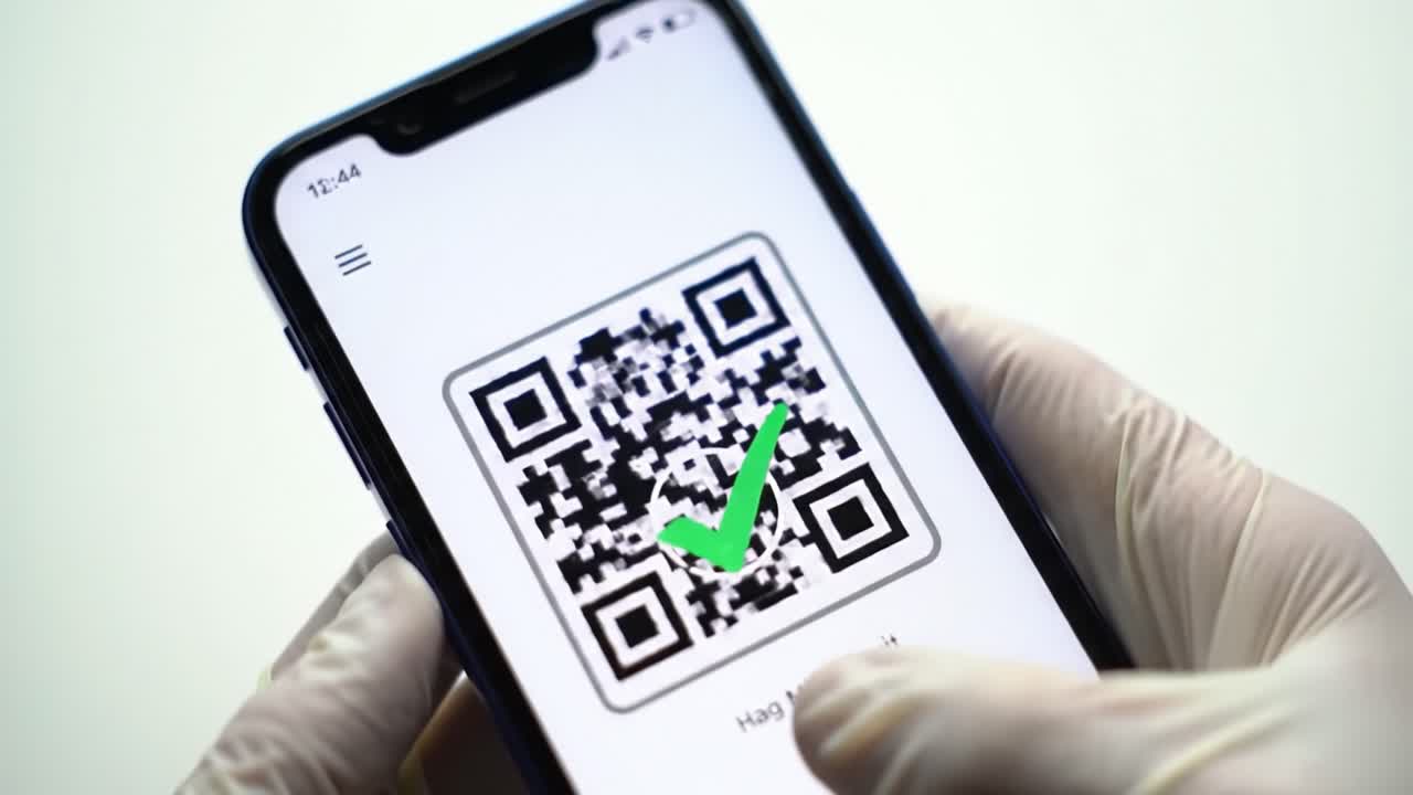 A person is using a smartphone to scan a QR code. Their gloved hand holds the device as the scanning interface displays a loading message. The background is clean and minimalistic.