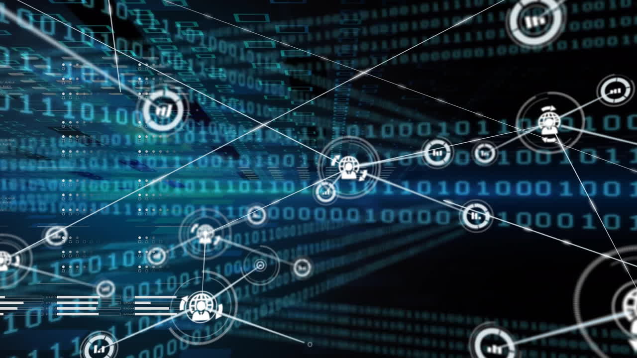 Animation of network of connections with icons over data processing on black background