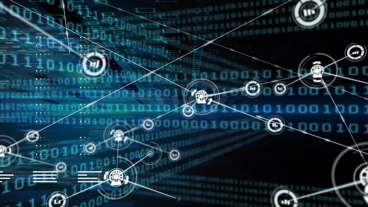 Animation of network of connections with icons over data processing on black background