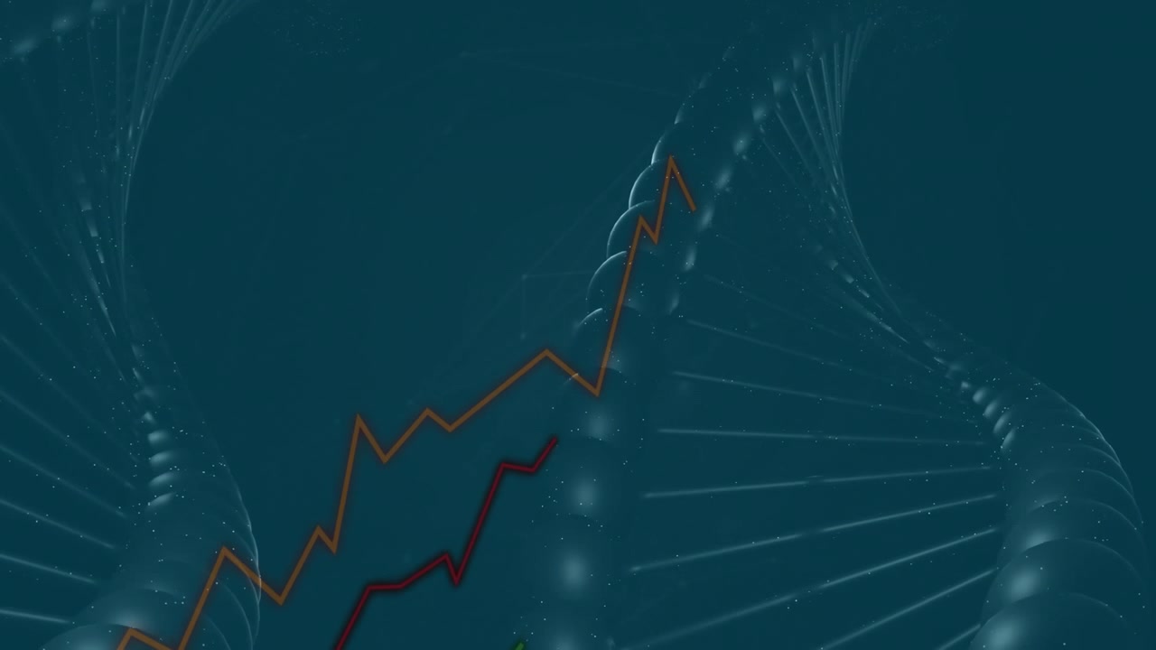 Animation af DNA-streng og finansgraf-linjer på mørkeblå baggrund.