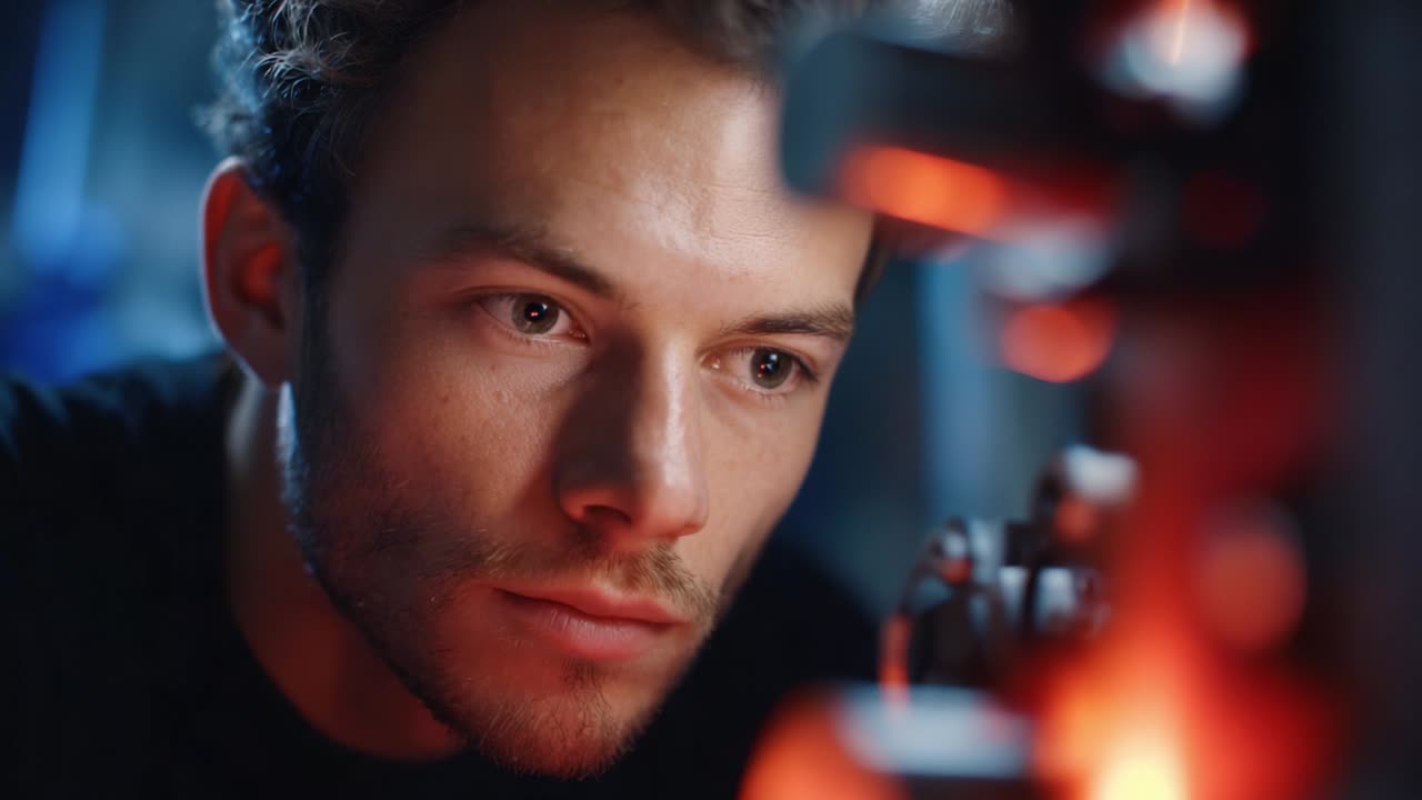 A Concentrated Young Researcher Observes Through a Microscope, Showcasing Dedication and Curiosity in a Laboratory Environment, Capturing the Essence of Scientific Inquiry and Discovery