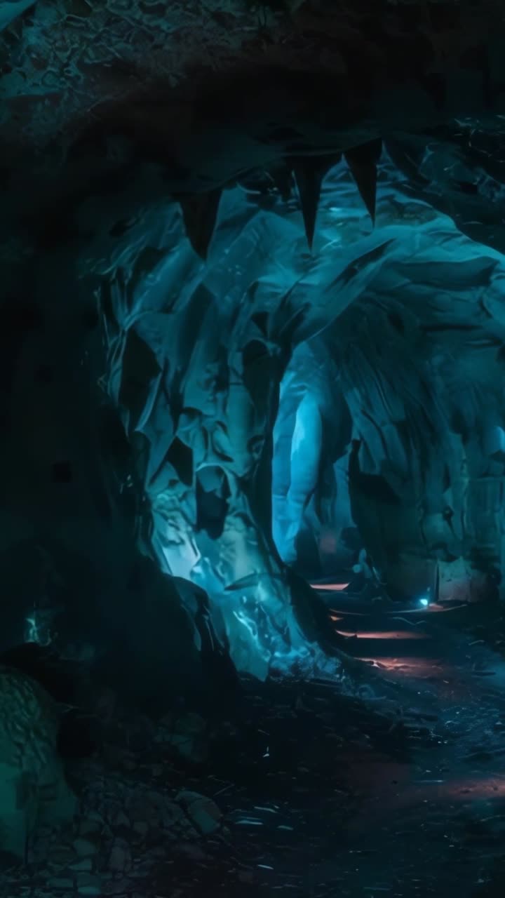 Vertical video: Starting camera capturing cave passage with stalactites, glowing fissures, red path