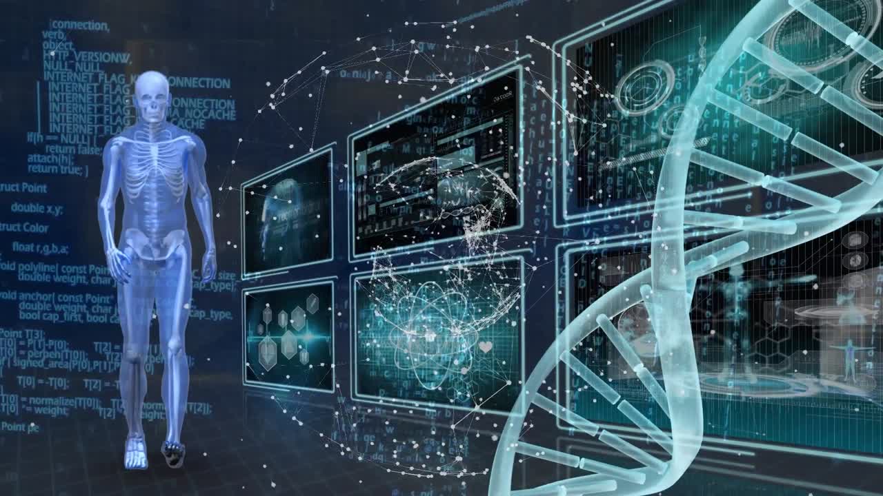 Animation of network of connections over dna strand and data processing on black background
