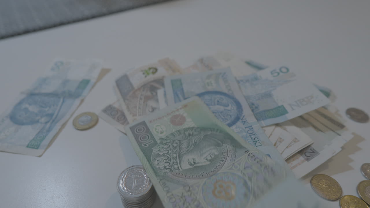 Polsk Zloty papirpengeseddel falder ned på et bord med mønter.