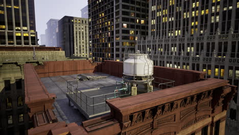 urban rooftop view with industrial equipment in a city skyline setting