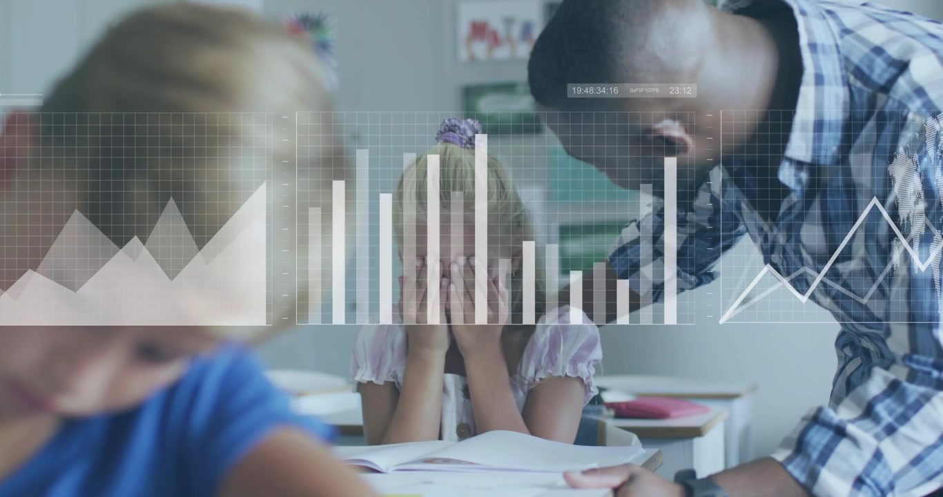 Teacher seeing pupil hiding face, walking checking workbook to aid while charts map shifting over