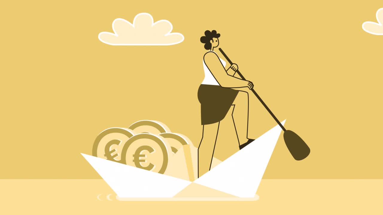 mujer de estilo amarillo personaje plano navegando en un barco de papel con monedas de euro. animación de bucle aislado con canal alfa
