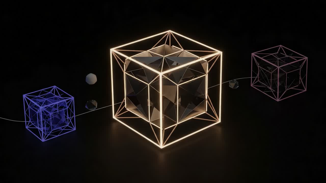 Futuristic Geometric Visualization Featuring Stylized Cubes in an Abstract Space, Highlighting Light Interplay and Dimensional Shapes for Enhanced Aesthetic Appeal