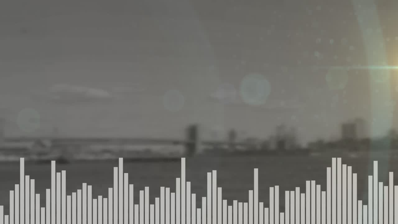 배경 에 있는 도시 다리 의 전망 에 비해 음악 이 ⁇ 라이저 를 가리키는 빛 의 스 ⁇