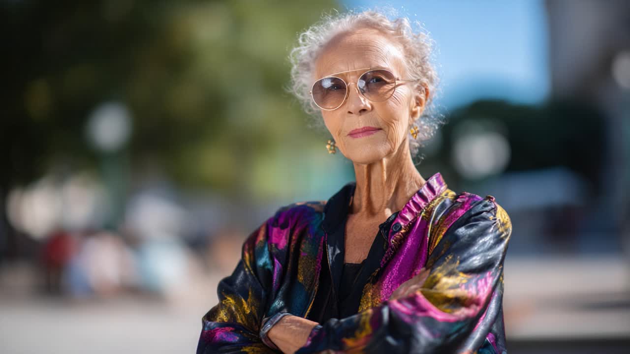 Una signora anziana elegante che sfoggia la moda con sicurezza in un vivace ambiente esterno
