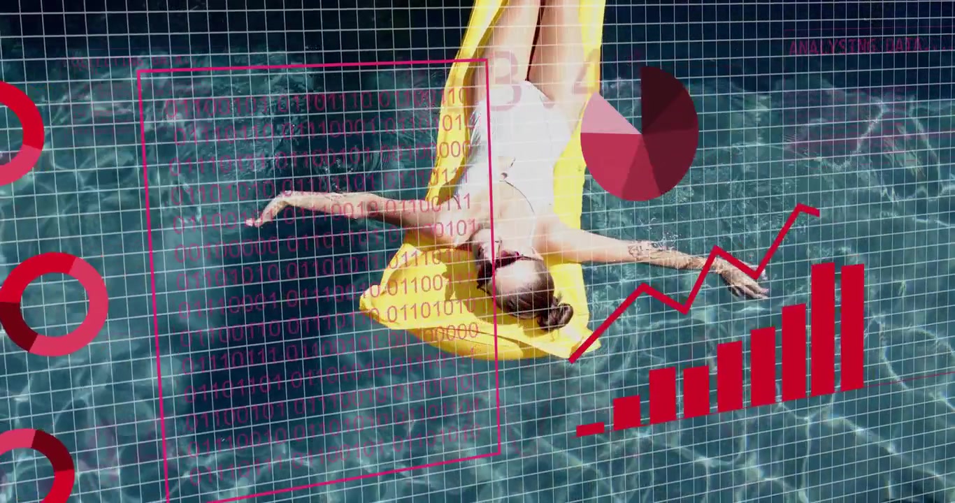 Woman lying on yellow float in pool with red grid fading and animating data visualization overlays