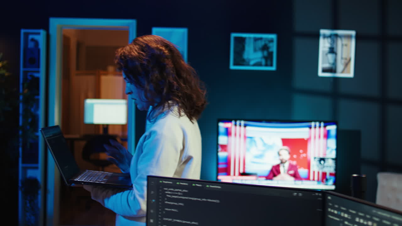 Woman walking around home fixing coding issues, upset about errors