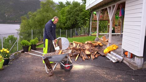 male european man using electrical saw to cut wood and prepare for winter outside his house - wooden pine planks cut and falling into wheelbarrow - sea and trees in background