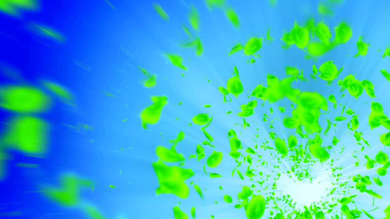 vórtice de hojas verdes. espiral partícula brillante de hojas estacionales. hoja danzante. colorida animación de bucle de túnel de la naturaleza.