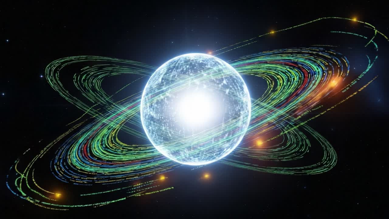 A Stellar Dance: A Glowing Celestial Body Surrounded by Vibrant Orbital Trails Capturing the Exquisite Beauty of the Universe in Motion and Harmony