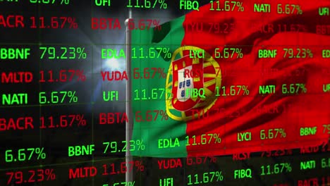 Animation-of-stock-market-data-processing-against-waving-portugal-flag-and-light-spot