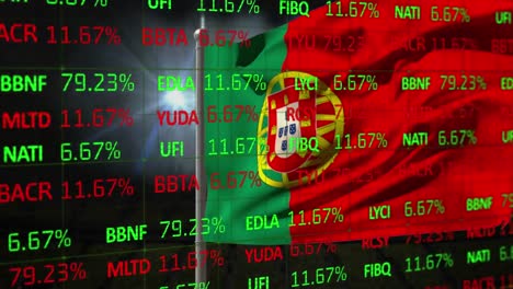 animation of stock market data processing against waving portugal flag and light spot