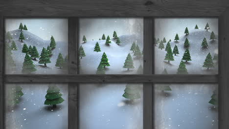 Animation-of-snow-falling-and-christmas-winter-scenery-seen-through-window