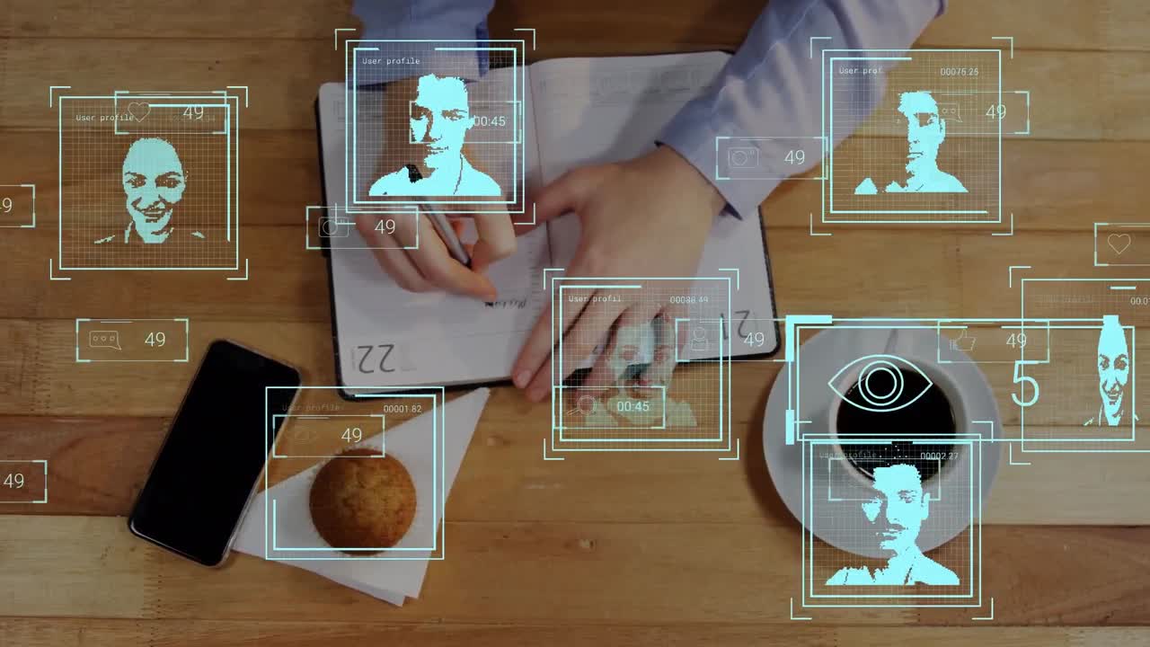 animación de personas iconos sobre las manos escribiendo en la oficina