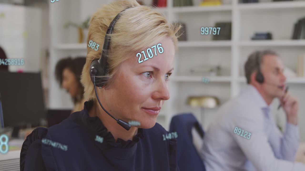 Blonde woman handling incoming call, helping client at call center, numeric overlays on headset