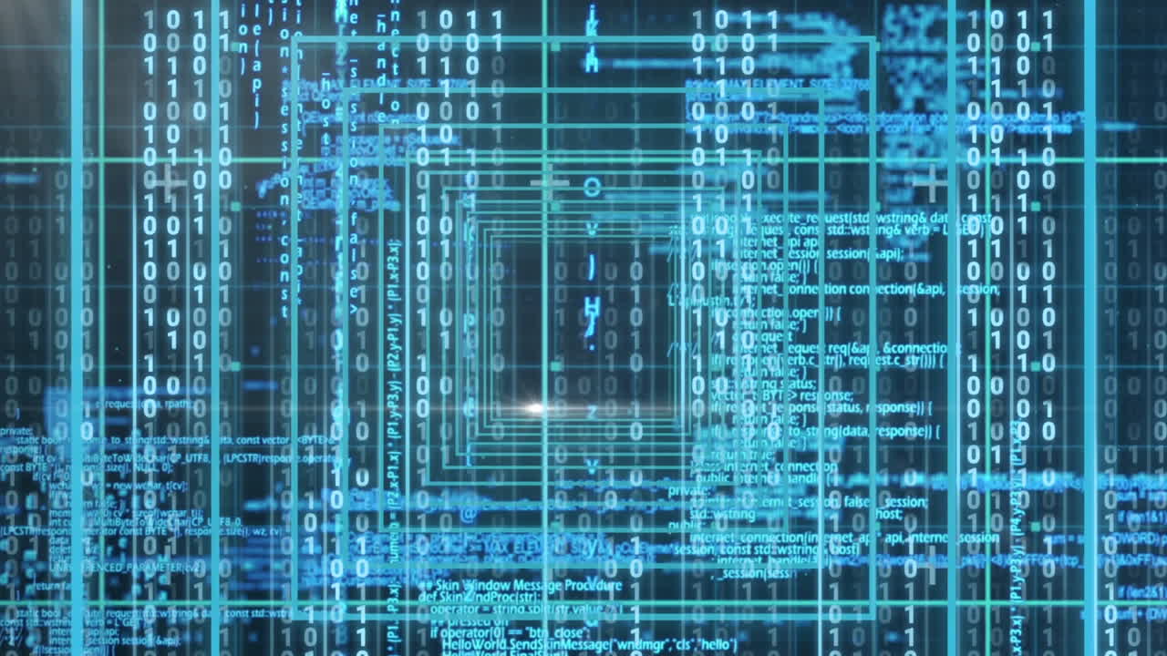 animación digital conceptual que muestra el código de tecnología binaria 4k