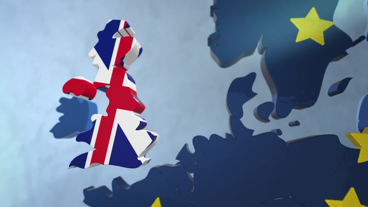 animación del brexit con el mapa de la unión europea y el reino unido desapareciendo flotando fuera de la constelación de países - estrellas simbólicas amarillas