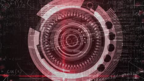 animación digital del escáner redondo y procesamiento de datos contra ecuaciones matemáticas en fondo negro