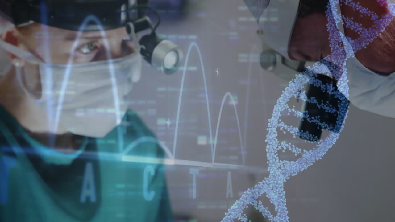 Examining DNA strand with animation overlay, surgeons analyzing data in hospital