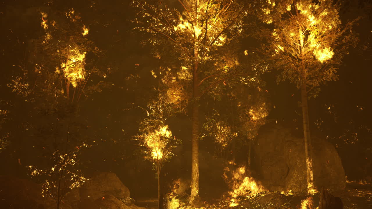 Forest fire engulfing trees during a nighttime blaze in a wooded area